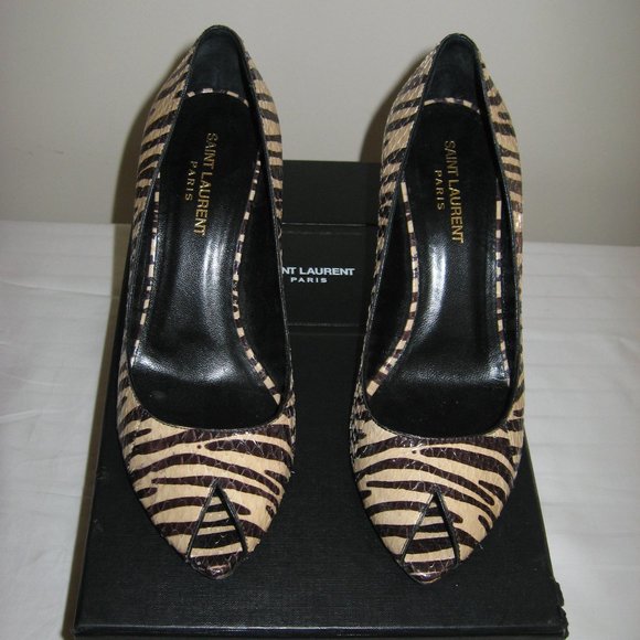 SAINT LAURENT Paris Zebra Striped Peep Toe Heels - Picture 2 of 8